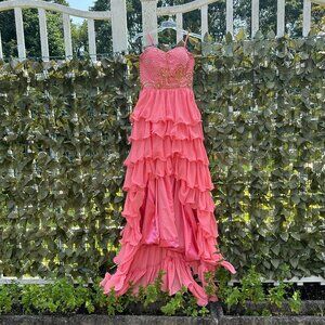 JJsHouse, High-Low Coral Pink Strapless Prom Dress with train, Size 6